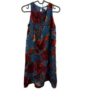 Xhilaration XS Blue and Red Velvet Floral Mini Swing Dress